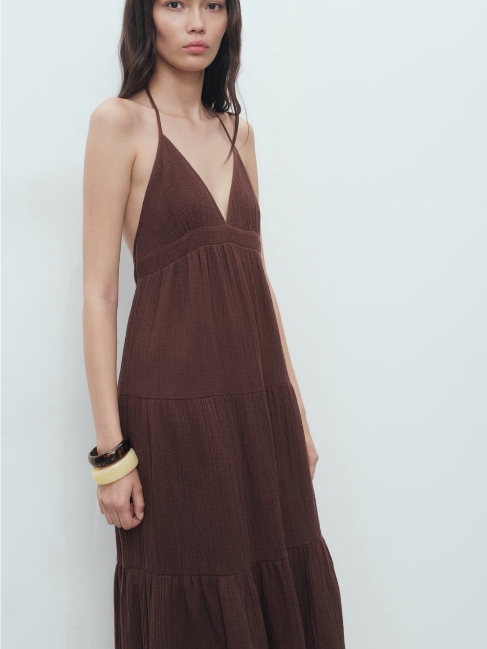 Mango Brown Backless Tiered Halter Maxi Dress